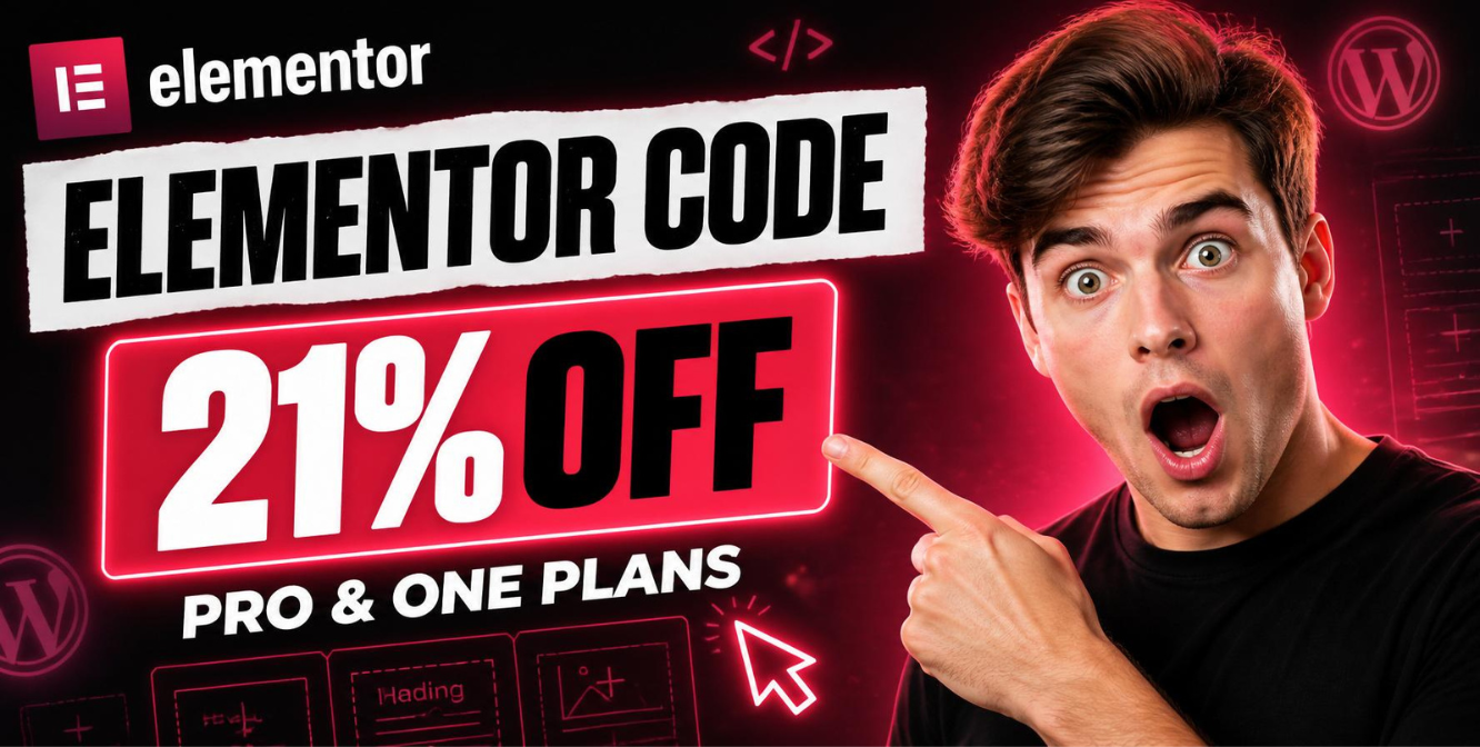 A shocked young man pointing at the Elementor discount code banner offering 21% off Pro and One plans