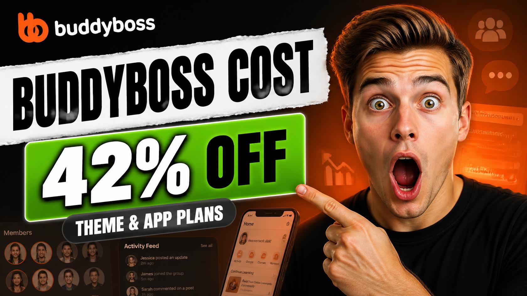 A shocked young man pointing at a BuddyBoss cost discount banner offering 42% off theme and app plans