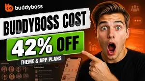 A shocked young man pointing at a BuddyBoss cost discount banner offering 42% off theme and app plans