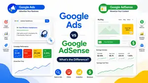 Google Ads vs Google AdSense comparison showing online advertising on one side and website monetization through display ads on the other.